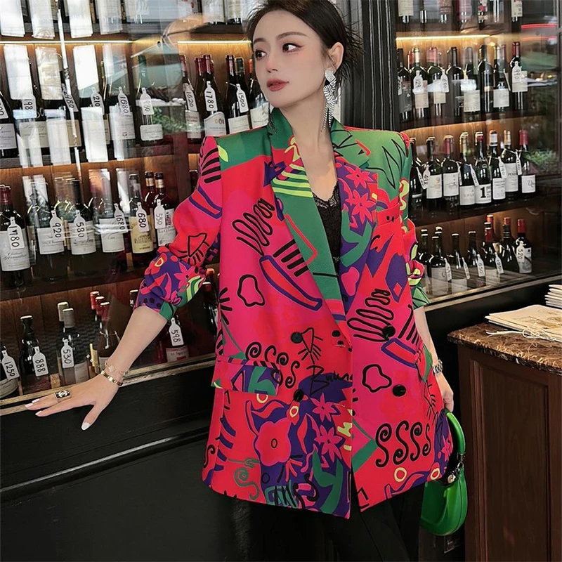 High street style Temperament Printed Suit Jacket 2023 Women Spring New Long-sleeve Casual Bomber fashion Big Size Female Jacket