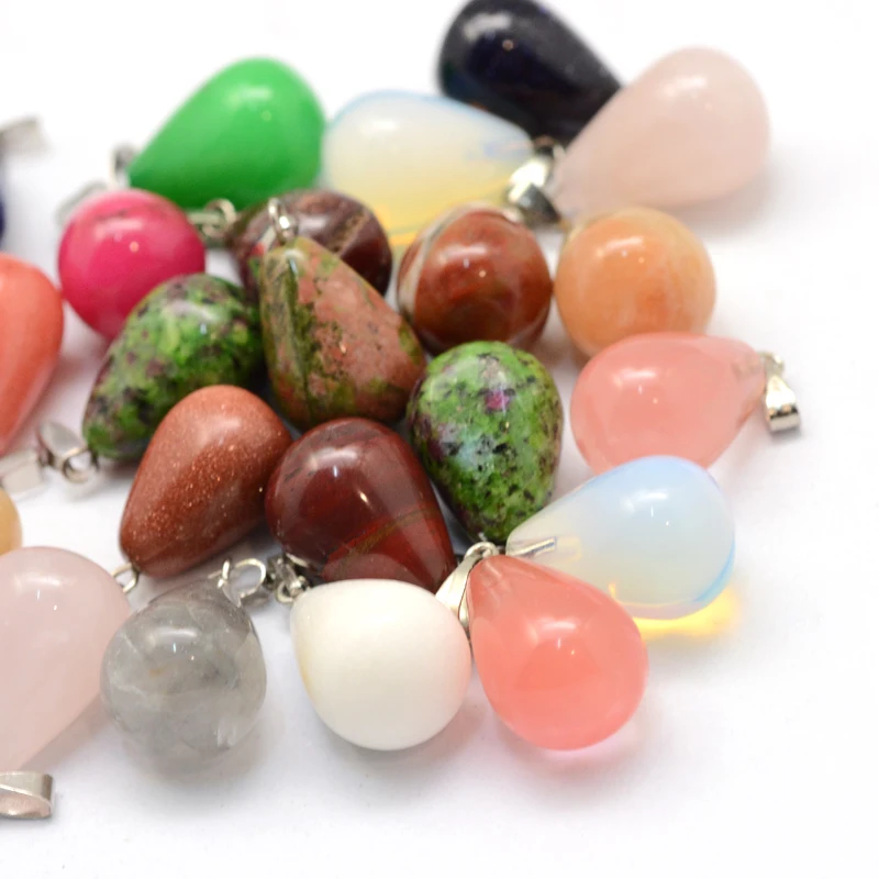 

50pcs/Lot Teardrop Natural & Synthetic Mixed Stone Pendants with Platinum Tone Brass Findings