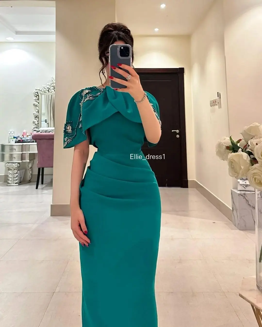 

Fairytale Green Elastic Stain Off Shoulder Mermaid Evening Dresses Short Sleeves Prom Dress Dubai Arabic Beads Formal Party Gown