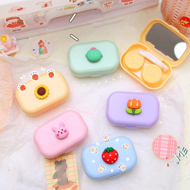 

Lovely Flower Eyes Contact Lens Container Box Travel Kit Cute Girl Fruit Contact Lens Case Box with Mirror Women Mini Square