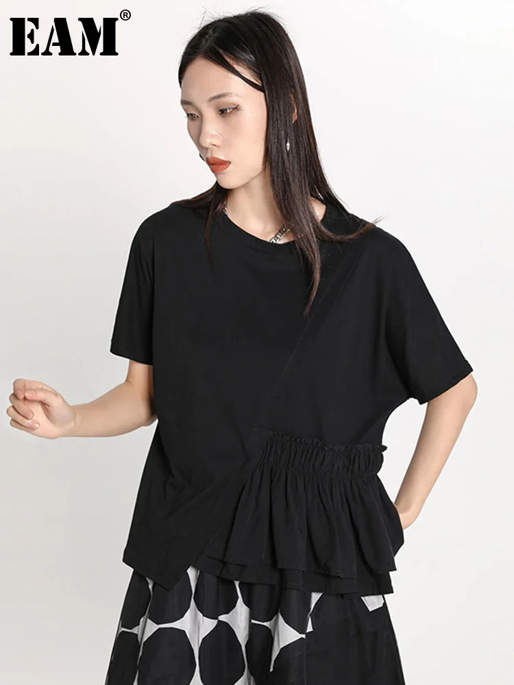 

[EAM] Women Black Irregular Pleated Big Size Casual T-shirt New Round Neck Short Sleeve Fashion Tide Spring Summer 2022 1DE7508