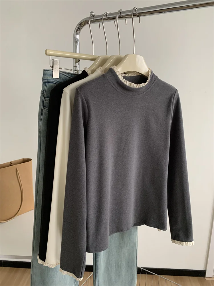 Кружевная бархатная базовая рубашка с длинными рукавами для женщин утолщенной