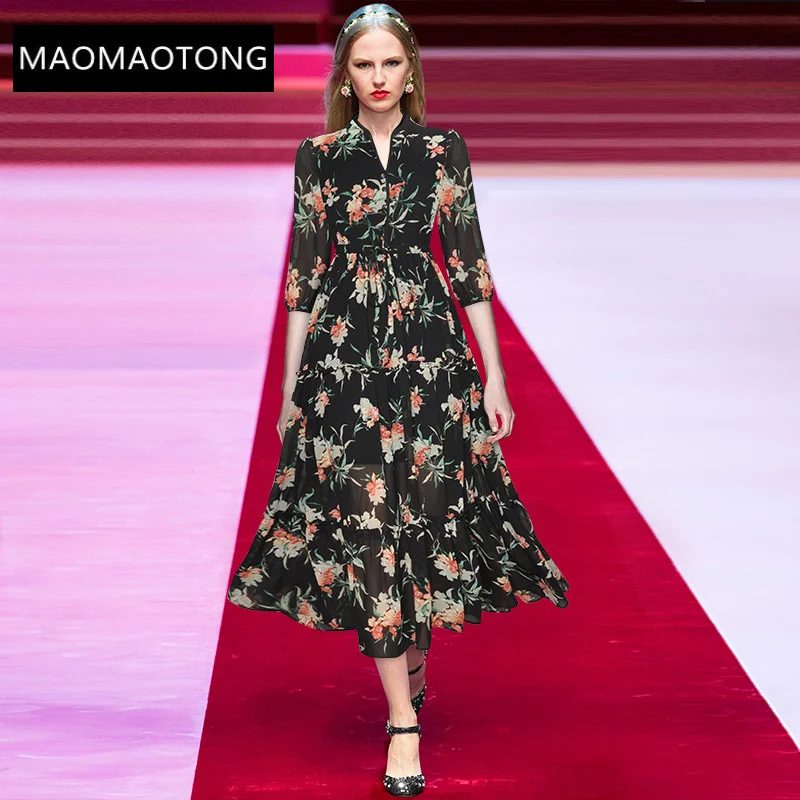 

Designer Fashion Summer Dress Women V-Neck half Sleeve Belted Loose chiffon floral print Vintage Party Dress