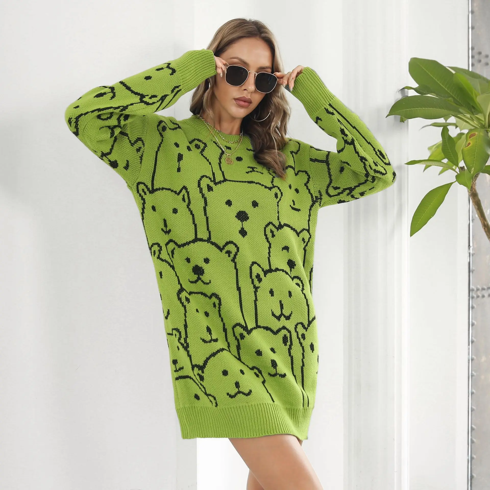

Cute Bear Jacquard Long Sleeve Sweater Women's Knitted Dress Loose Dress Women Sweater Ladies Jumpers Lace Sweater