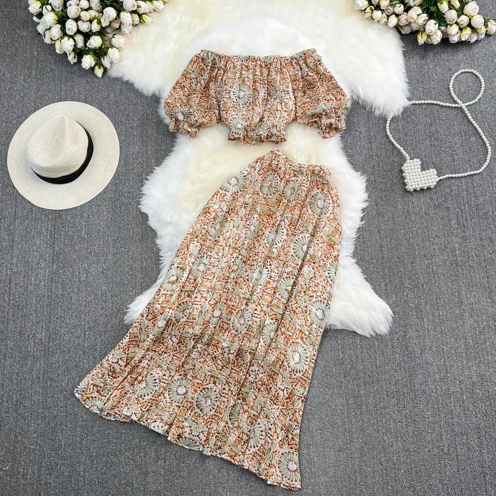 

Women Summer Floral Elegant and Chic Skirts Suit Vintage Crop Tops A-Line Maxi Saya 2 Pieces Fashion Holiday Female Clothings