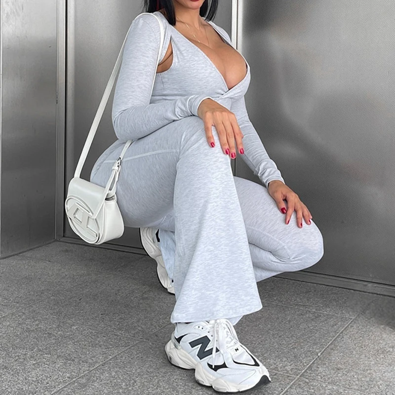 OMSJ уличный стиль с длинным рукавом глубоким V-образным вырезом обтягивающие