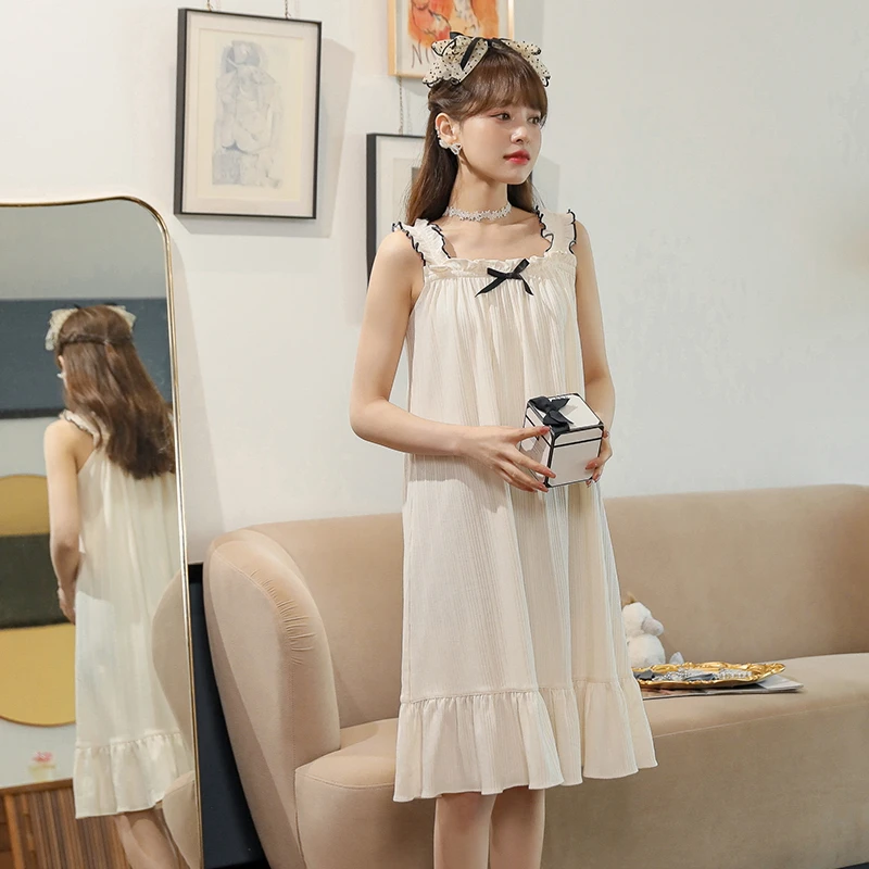 Summer Women Girl Cute Solid Color Suspender Skirt Knitted Cotton Pajamas Sleep Wear