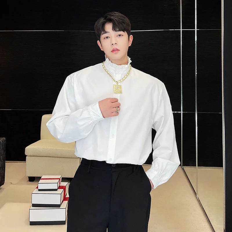 

SYUHGFA Men Clothing 2022 Spring Autumn New Stand Collar Long Sleeve White Black Lace Up Shirt Loose Japanese Style Tops Shirts