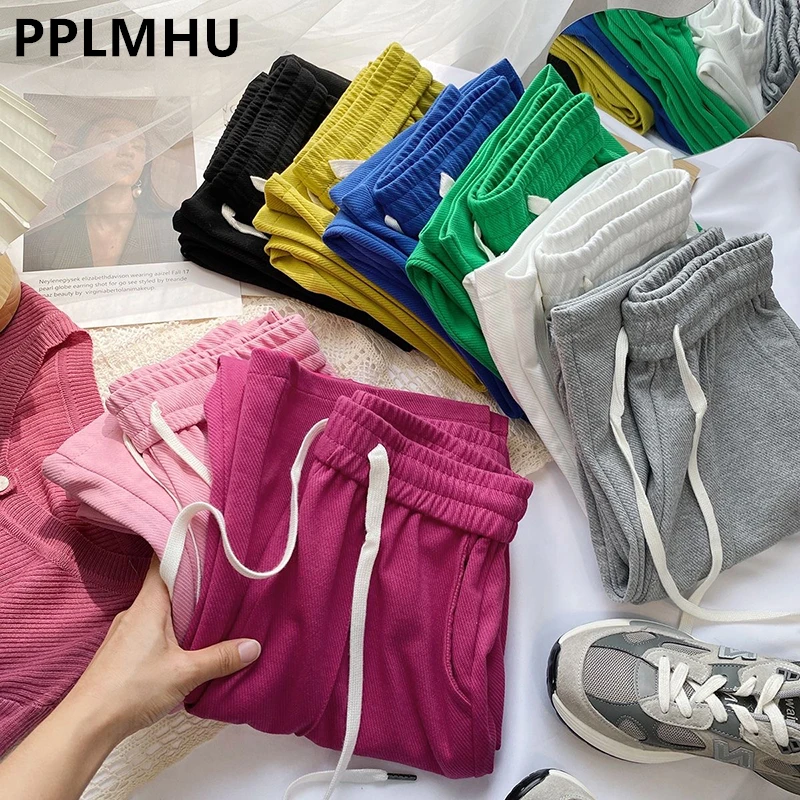 

White Elegant Women's Pants Wide Leg Side Split Lace Up High Waisted Trousers Casual Green Pants Baggy Candy Colors Pantalones