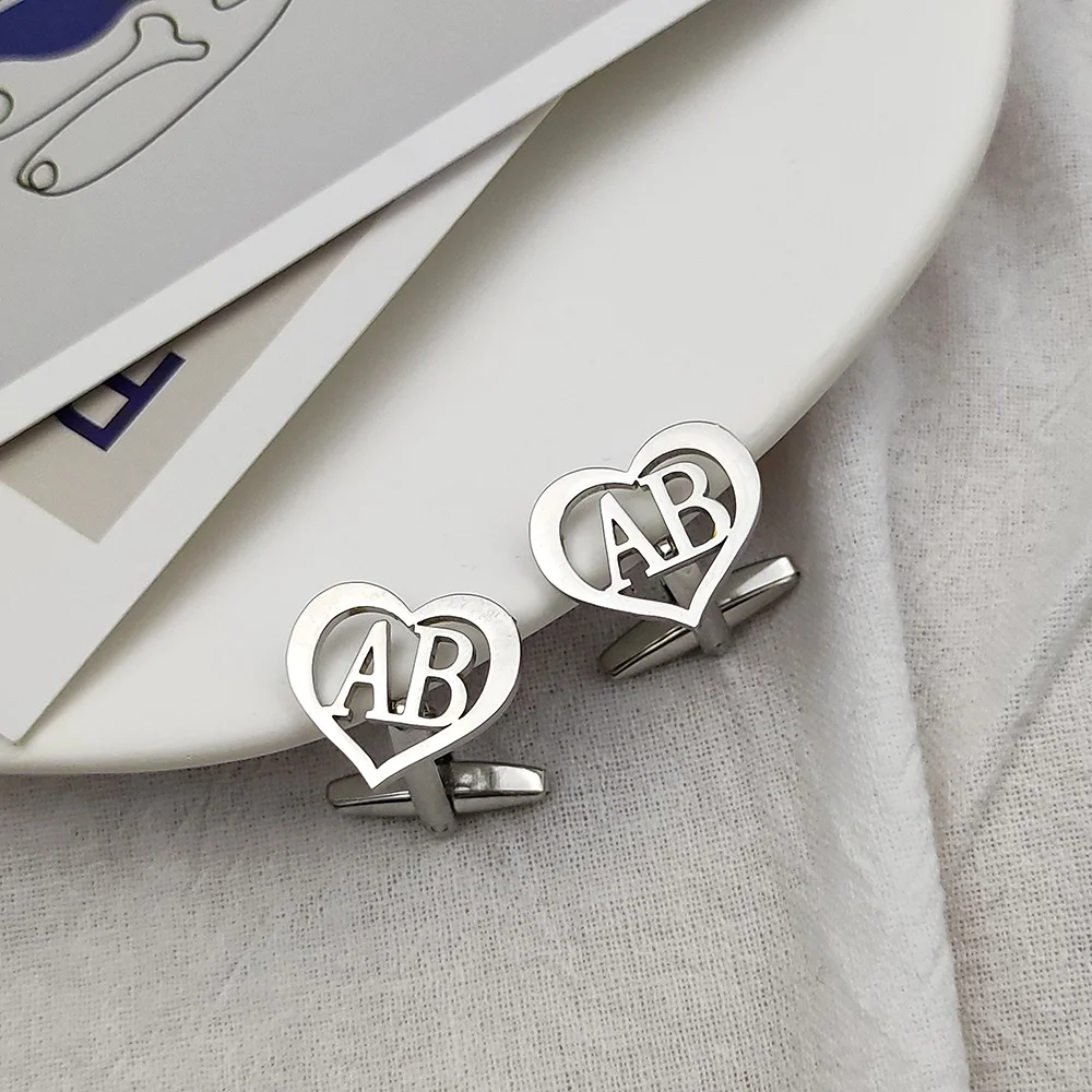 Man shirt cufflinks Custom Name Initials Men personalised heart Letters Buttons Stainless Steel Jewelry gemelli uomo per camicie