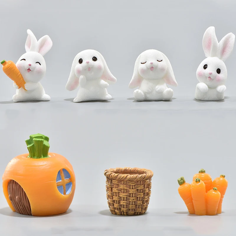 

7pcs / Lot Cute Animal Cartoon Rabbit Carrot Rabbit House Cute Rabbit Resin AccessoriesMini Model Children's Gift