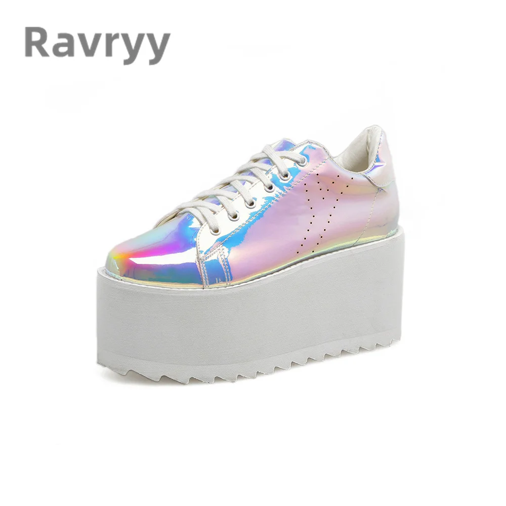 

2023 Spring Autumn New Laser Sponge Shoes Heighten Casual Vulcanized Shoes Versatile Lace Up Low Top Thick Sole Women Shoes