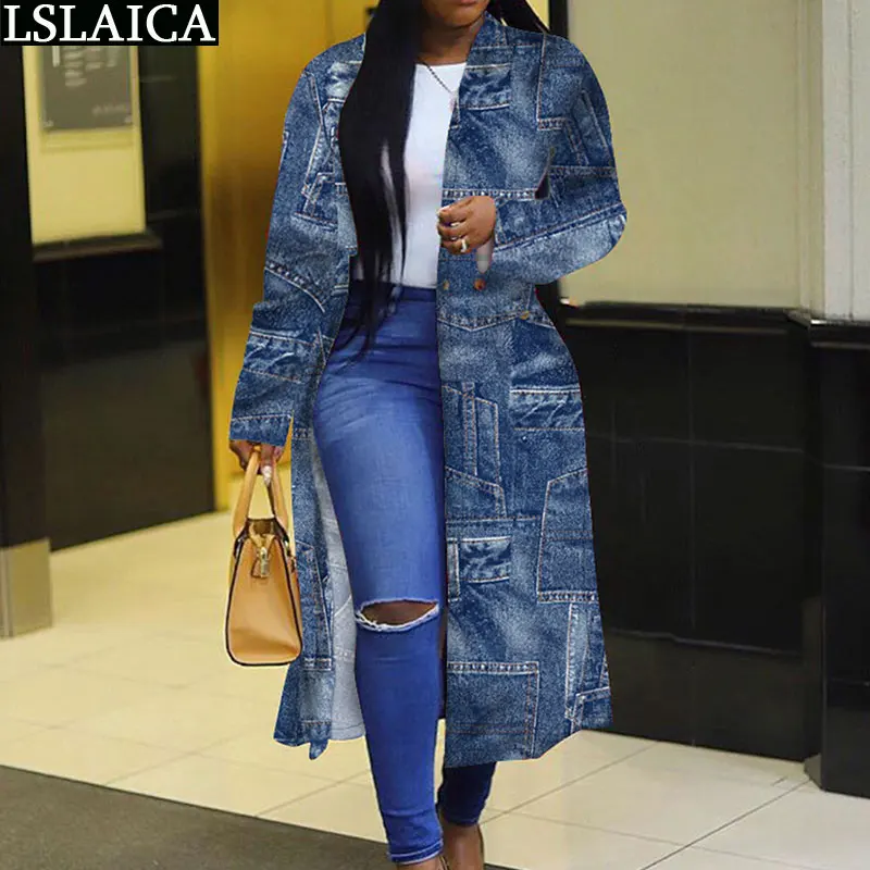 

Coat Women Fashion New Denim Vintage All Match Casual Loose Jacket Printing Button Streetwear Turn Down Collar Manteau Femme