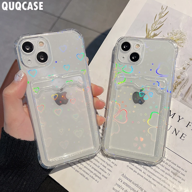 Holographic Heart Storage Wallet Case For iPhone 13 12 11 Pro Max XR XS X 7 8 Plus SE 2020 2 Laser Transparent Card Holder Cover