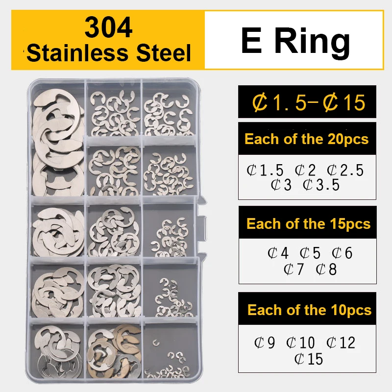 

E Clip Washer 215/320 PCS 304 Stainless Steel E Clip Washer Assortment Kit Circlip Retaining Ring for Shaft Fastener M1.5~M15