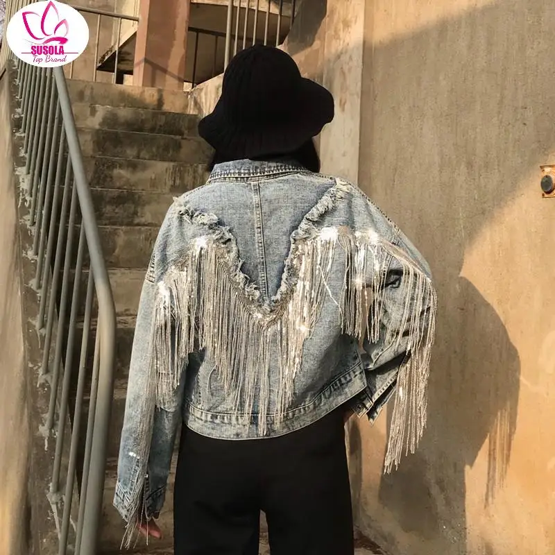Куртка женская джинсовая оверсайз с длинным рукавом винтажная уличная одежда