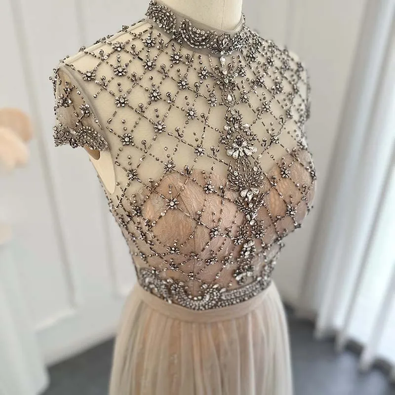 LSCZ39 Gorgeous Evening Desses for Women Organza A-line High Neck Wedding Guest Party Gown Arabic Crystal Prom فستان سهرة نسائي 5 LSCZ39 Gorgeous Evening Desses for Women Organza A-line High Neck Wedding Guest Party Gown Arabic Crystal Prom فستان سهرة نسائي 5