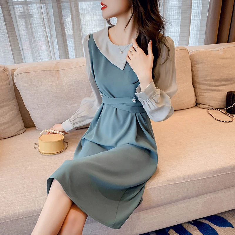 

New French Retro Design Sense Fake Two-piece Dress Female Skirt Small Dress Color Matching Long-sleeved Fake Two-piece Dress