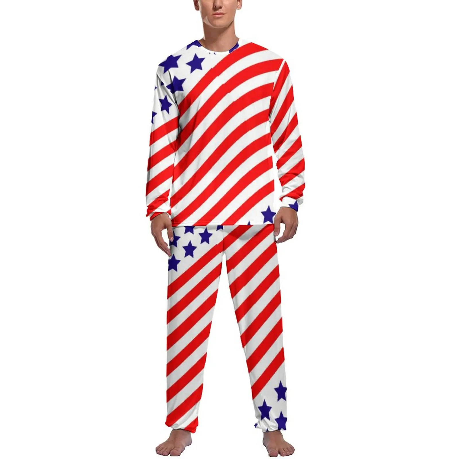 

American Flag Stars And Stripes Pajamas Autumn Two Piece Patriotic USA Retro Pajama Sets Men Long Sleeve Night Graphic Sleepwear