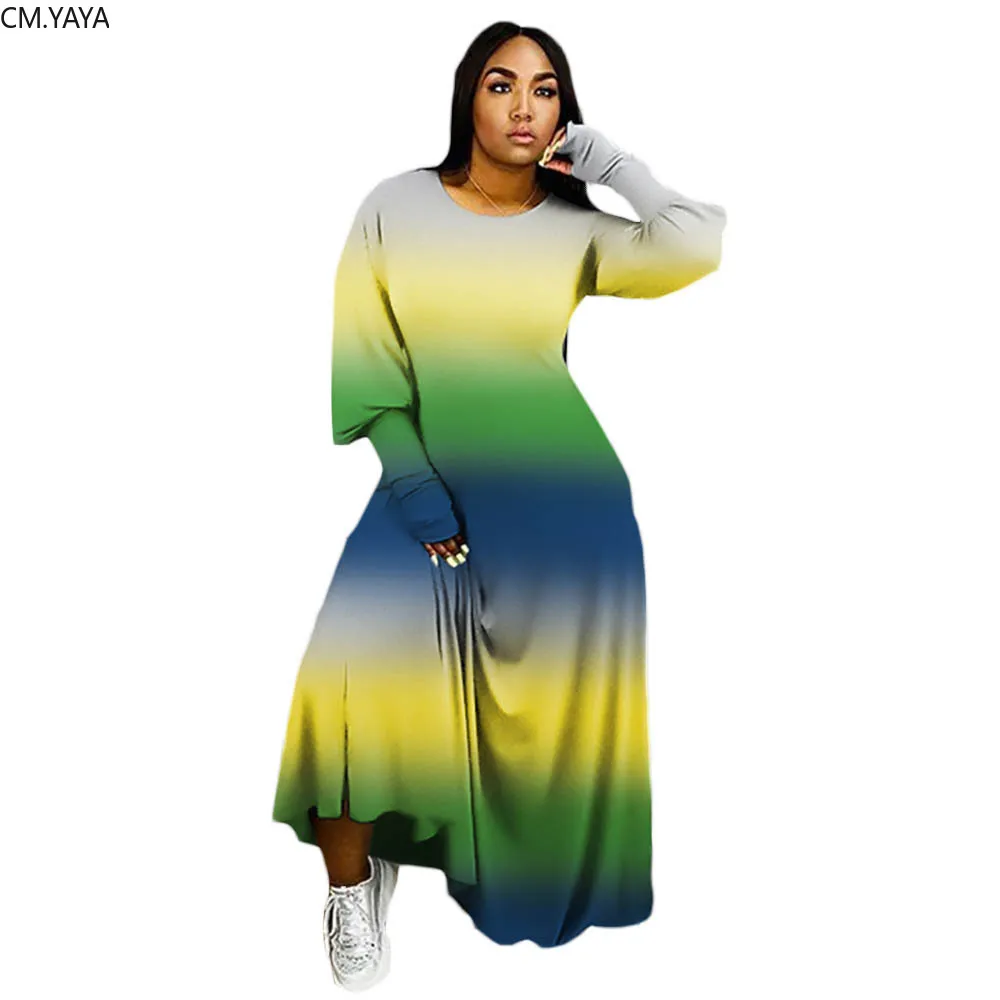 CM.YAYA Women Gradient Print Lantern Long Sleeve O-neck A-line Bodycon Maxi Dress Streewear Active Wear Dresses | Женская одежда