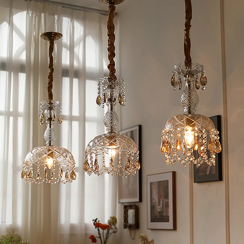 

Vintage French Glass Crystal Chandeliers Lights Fixture American Luxurious Chandelier Home Corridor Balcony Gallery Hanging Lamp
