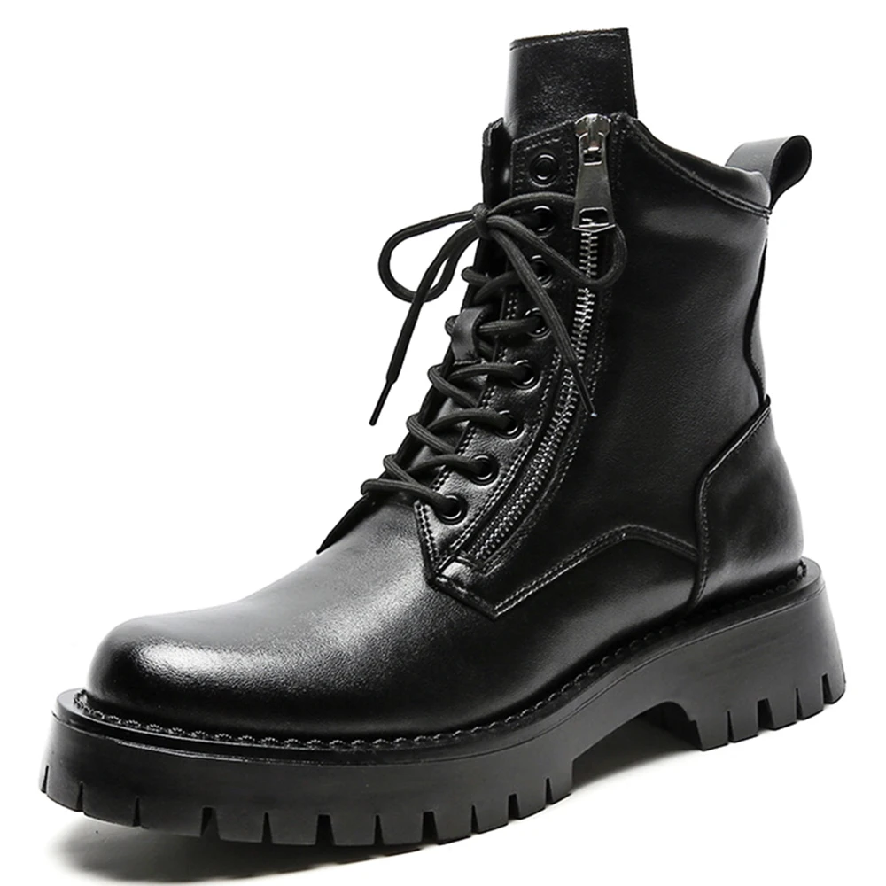 

Genuine Cow Leather Winter Fleece Motor Boots For Men Round Toe Lace Up Punk Biker Botas Male Thick Med Heel Ankle Boots Autumn