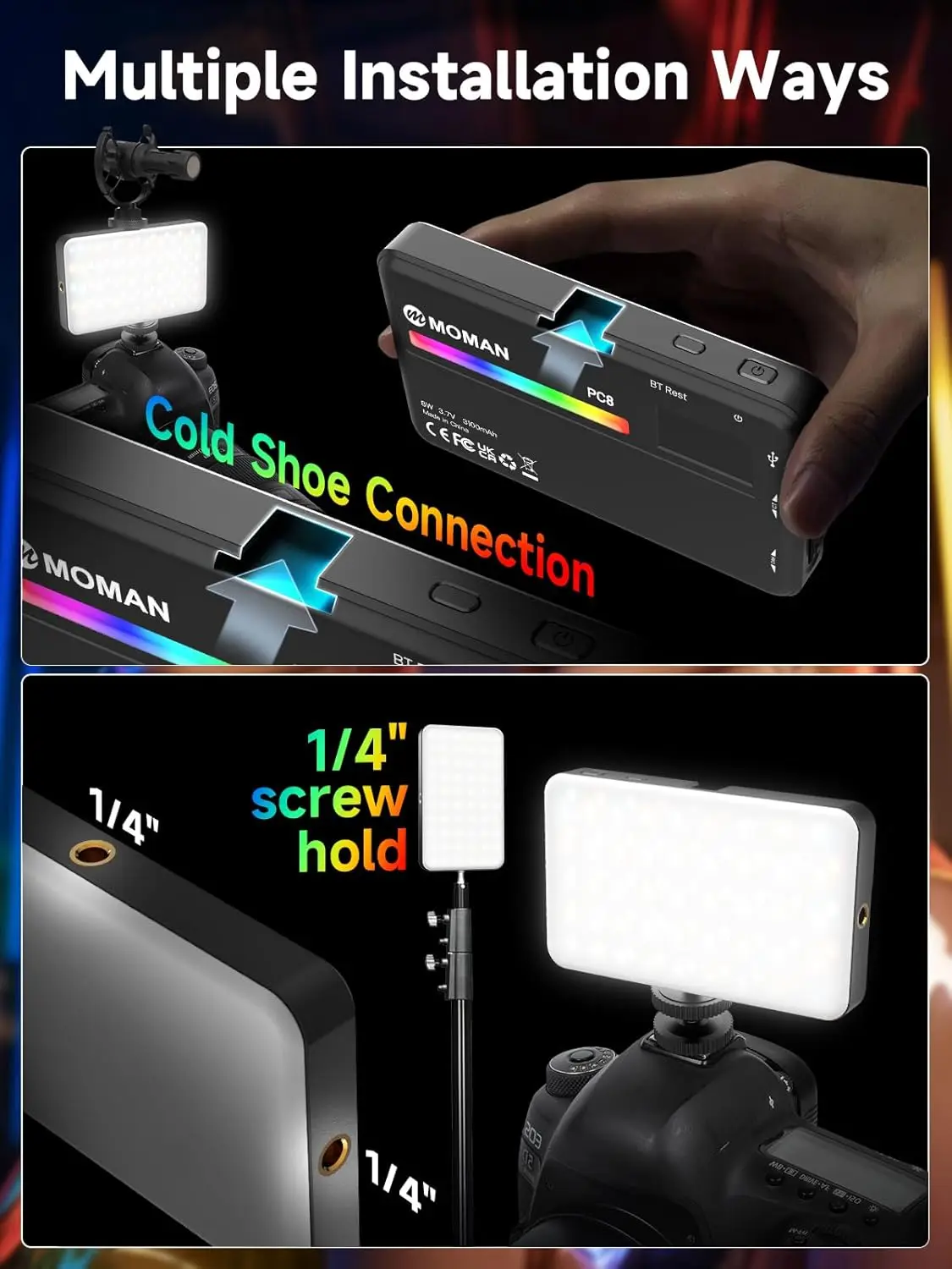 Светодиодная камера Moman RGB с подсветкой для фотосъемки, приложение с беспроводным управлением 2500-9000K CRI 95+ длительный срок службы батареи для GoProSony (art.: 3920d32d25f90) - 3920d32d25f90
