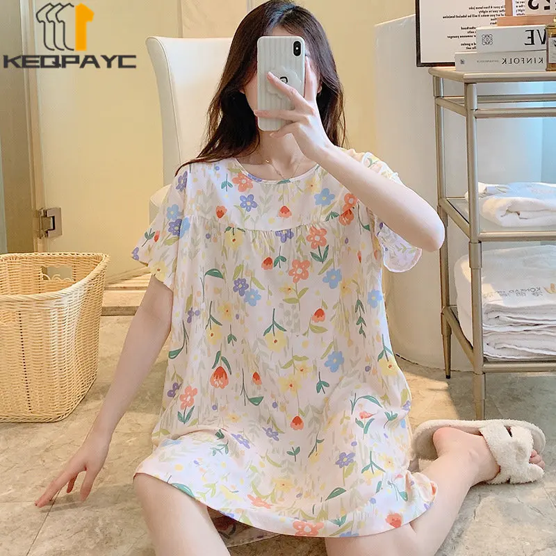 New 2023 Women's Sweet Nightgowns Spring Summer Women Short Sleeve O-neck Cute Cartoon Thin Loose Dress Sleepwear Casual Pajamas