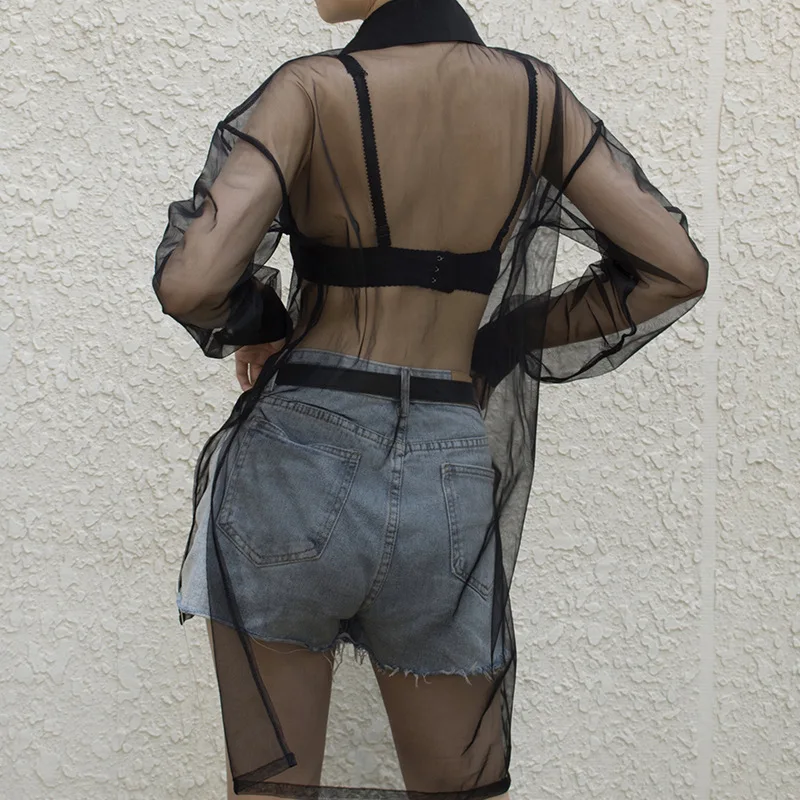 

2021 Fashion Mesh Sheer Black Top Button Sheer Solid Long Beach Cover Up Top 2021 New Summer Club Party Sexy Loose Basic