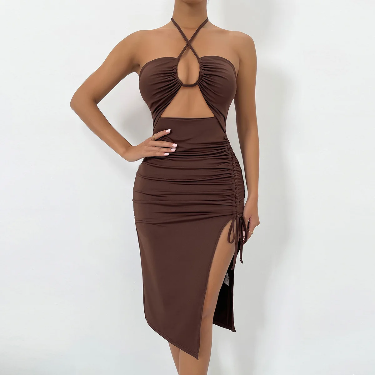 

Women Side Slit Drawstring Hip Bodycon Sexy Backless Halter neck Pleated Lace-up cutout Criss Cross Ruched Dress