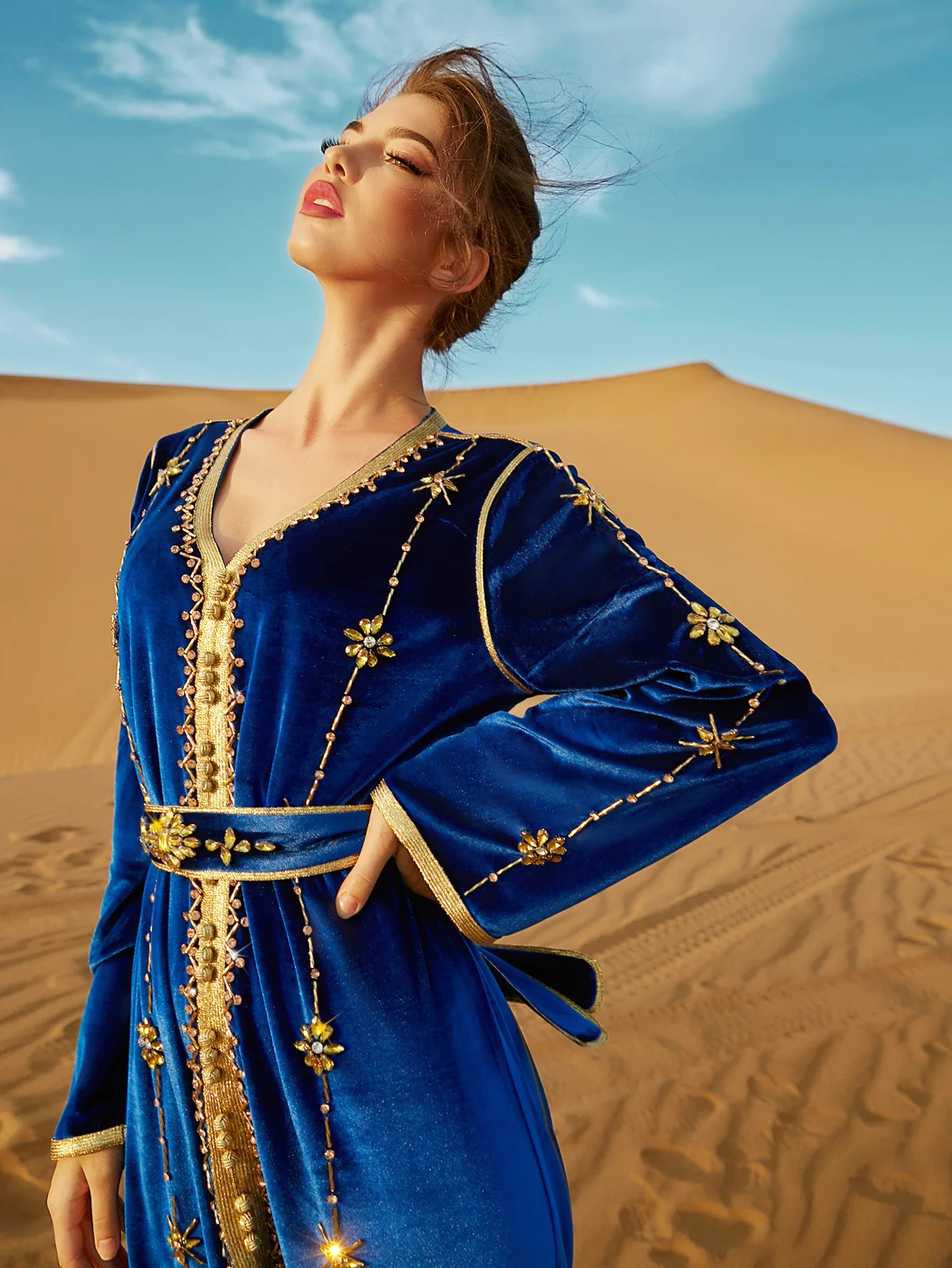 2023 New Ramadan Dress Handmade Sewing Drill Sapphire Velvet Dress Dubai Turkey Morocco Party Dressds Muslim  Evening Dress Set