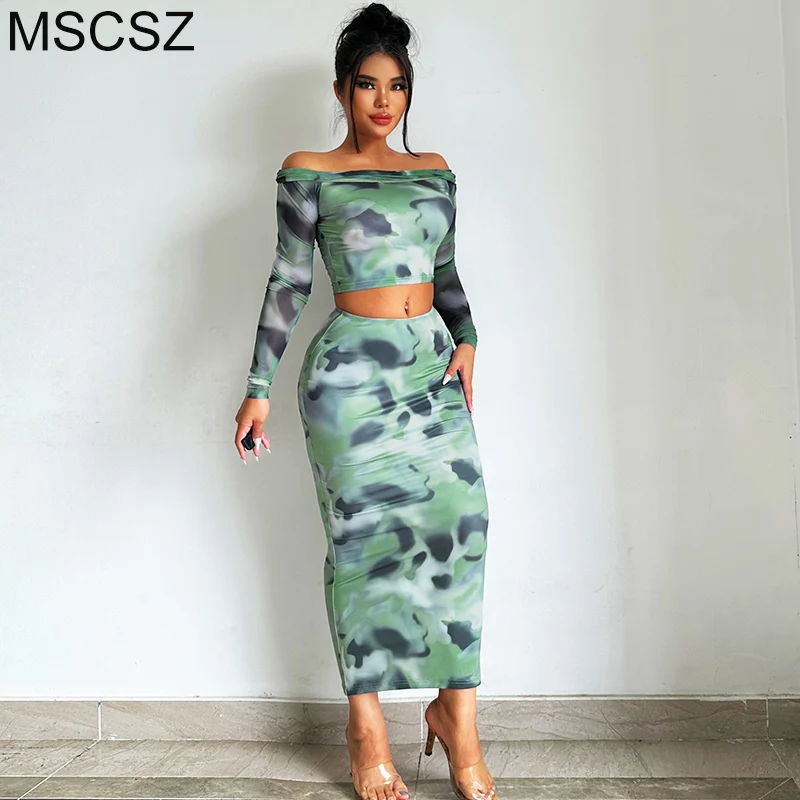 

Комплект из двух предметов с юбкой и принтом Tie Dye, женские сексуальные костюмы для ночного клуба, топ с открытыми плечами и длинным рукавом и юбка, комплекты с юбкой для женщин