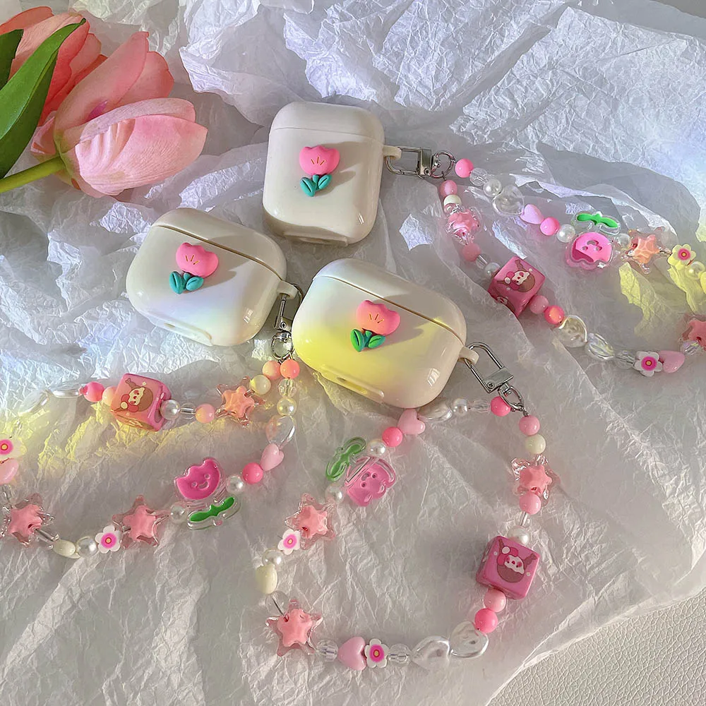 

Чехол с 3D цветами для Apple AirPods 1, 2, 3, милый мягкий браслет «сделай сам» с сердцем и цветами для девушек, аксессуары для наушников, чехол для AirPod ...