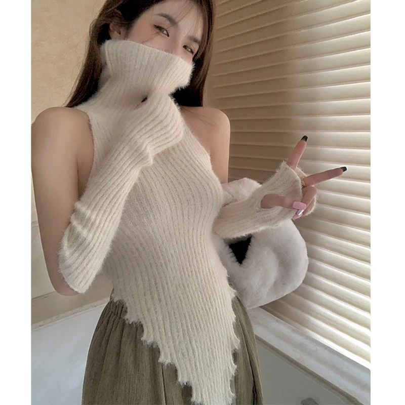 

Зима 2022 для женщин, ретро норковый кашемировый свитер в Корейском стиле со съемными рукавами, тонкий яркий Женский пуловер, топы