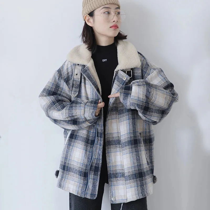 

New Women's Grid Imitation Lamb Wool Coat Korean Loose Cotton Clothes Winter Outerwear Female Casual Tooling Quilted Jackets