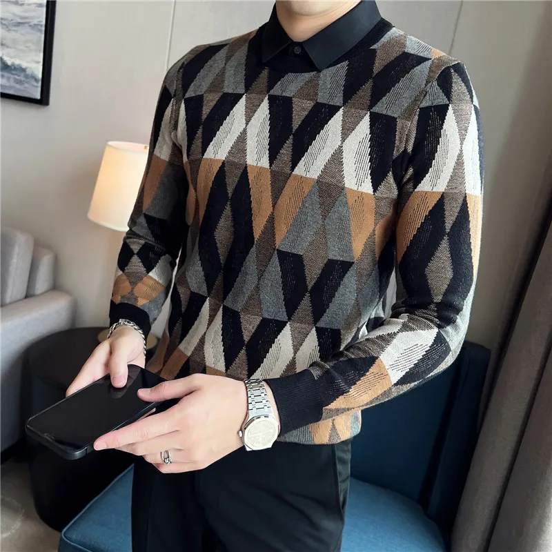 

2023 Thicked Fake Two-piece Warm Sweaters Men's Autumn Winter Shirt Collar Leisure Slimming Contrasting Colors Jacquard Knitwear