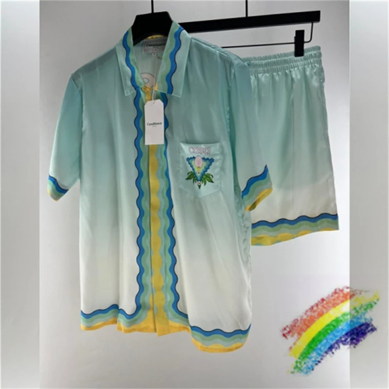 

Мягкая шелковая рубашка Касабланка градиентная Повседневная парная гавайская рубашка с коротким рукавом для мужчин и женщин