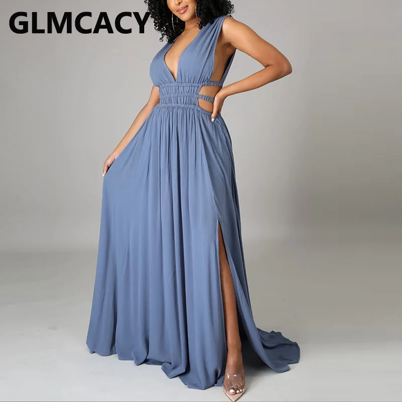 

Women Sleeveless V Neck Tunic Maxi Dress Elegant High Slit Dress