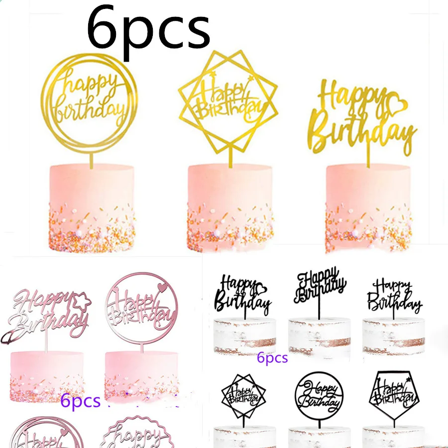 

6pcs Happy Birthday Cake Topper Rose gold Kids Acrylic Birhday Cake Toppers Decoration For Baby Shower Party Cake gift supplies