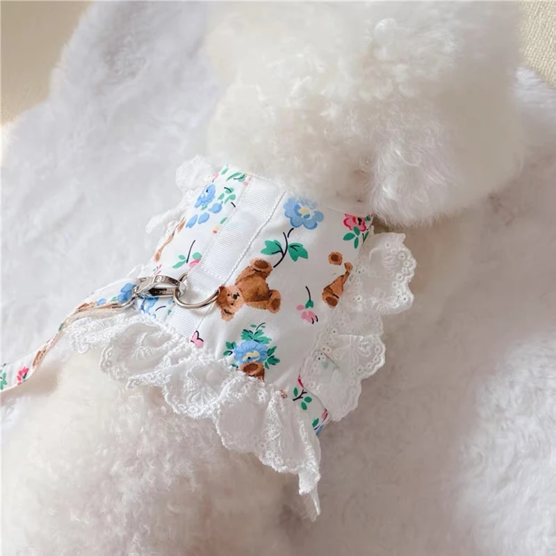 Lace Floral Dog Cat Harness Leash Set Adjustable Pet Vest Puppy Kittens Princess Dress Skirt Walking Lead Chihuahua Accessories images - 6