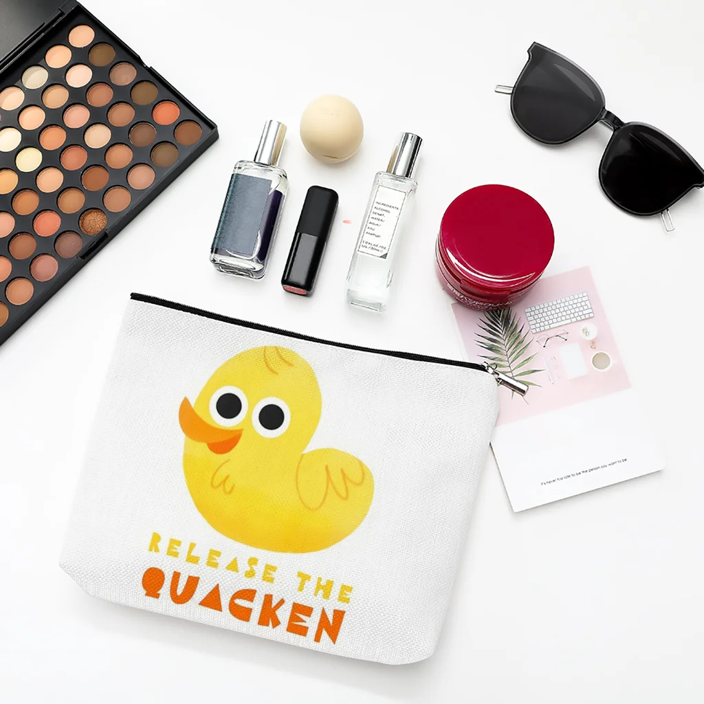 

Release the Quacken Linen Women Cosmetic Bag Rubber Duck Makeup Pouch Lady Tote Purse Travel Organizer Case