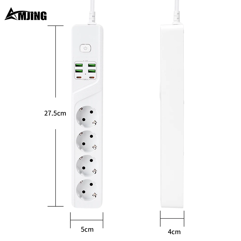 Сетевой удлинитель с европейской вилкой 4-сторонний USB Type-C 3000 Вт 10 А 250 В 2 м защита