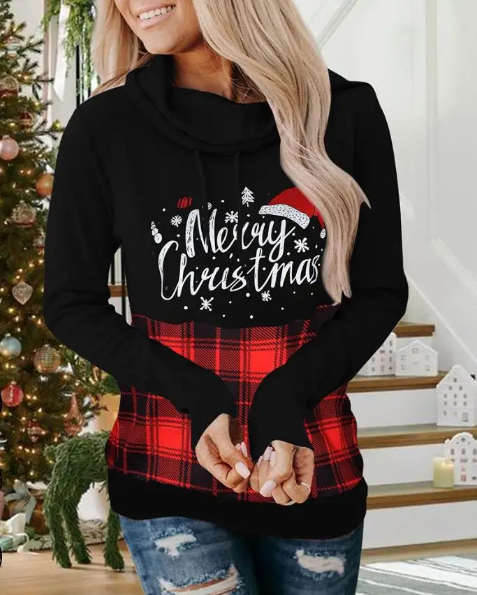 Купи Sweatshirts Tops for Women Christmas Letter Plaid Print High Neck Sweatshirt Europe and America Chic Fashion Casual T-Shirt за 494 рублей в магазине AliExpress