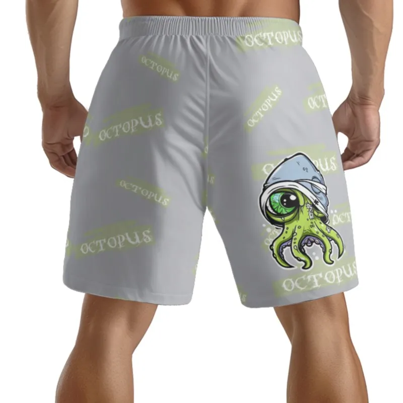 Одноглазные мужские шорты с принтом осьминога завязкой на талии серые