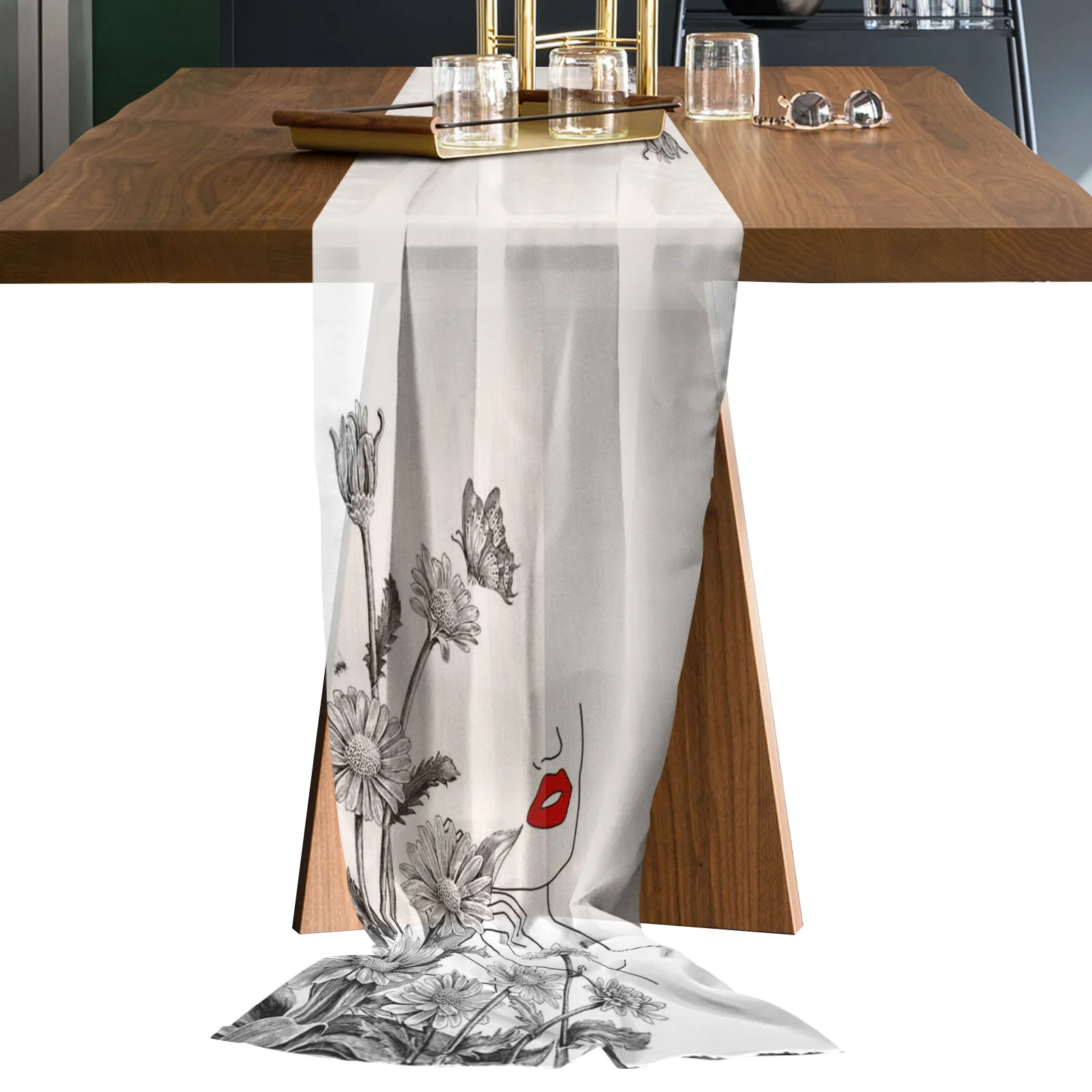 

Daisy Female Line Red Lips Sheer Chiffon Table Runners Rustic Gauze Dining Tablecloth Wedding Table Decor Gauze Table Runner