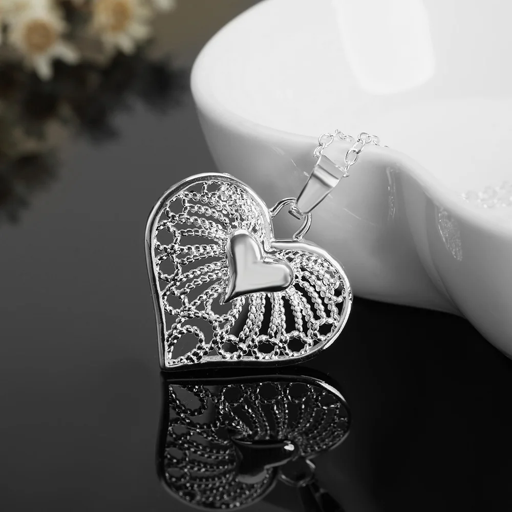 

Hot 925 Stamped Silver trend romantic Heart Pendant Necklace For Women Holiday gift wedding accessories party Fashion Jewelry