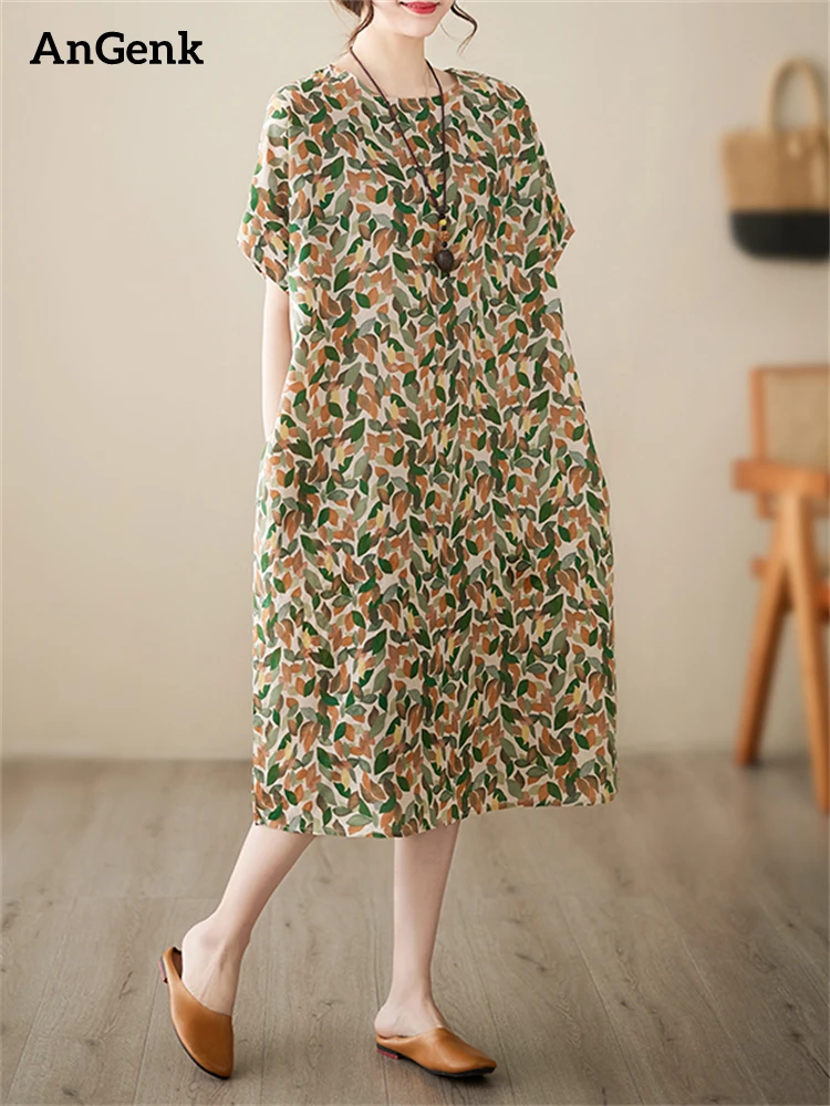 

Женское Хлопковое платье с коротким рукавом, повседневное свободное винтажное зеленое платье средней длины с принтом, Элегантная модная одежда, Новинка лета 2023