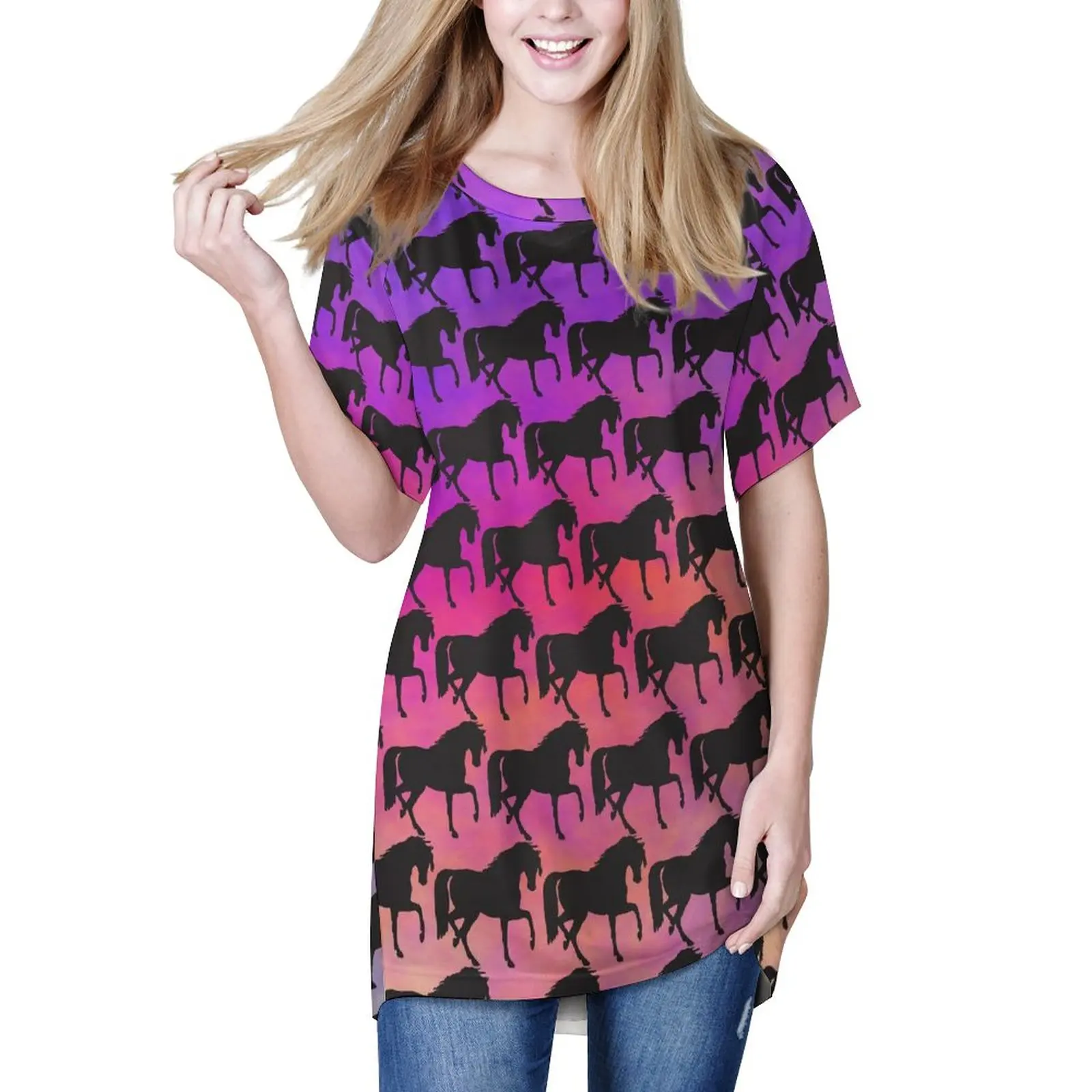 

Футболка женская свободного кроя с принтом «лошади» и круглым вырезом