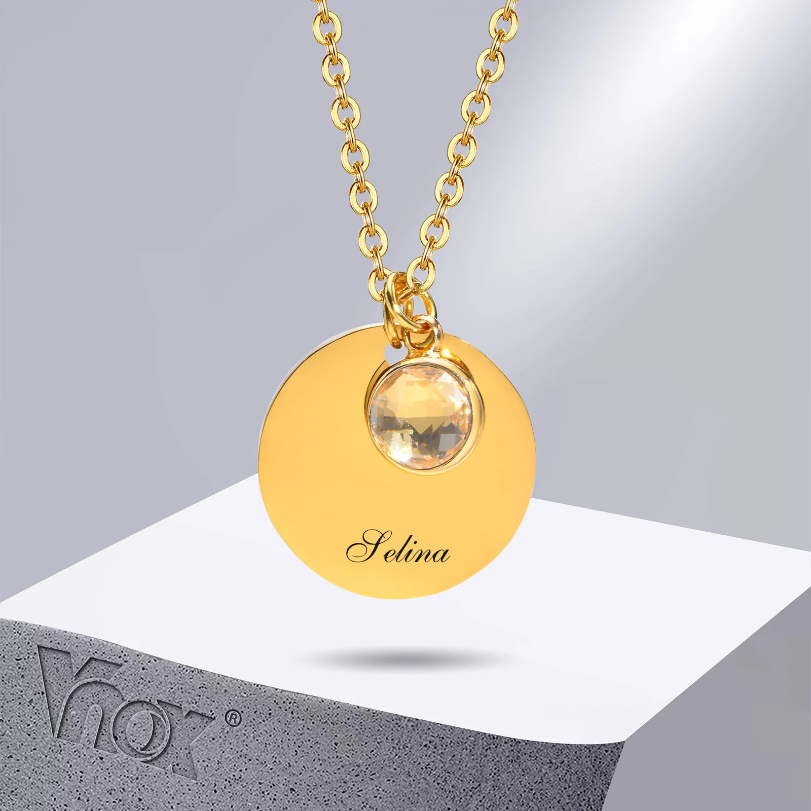 

Vnox 12 Month Birthstone Necklaces for Women, Free Custom Name Necklace, Gold Plated Stainless Steel Pendant, Zodiac Collar