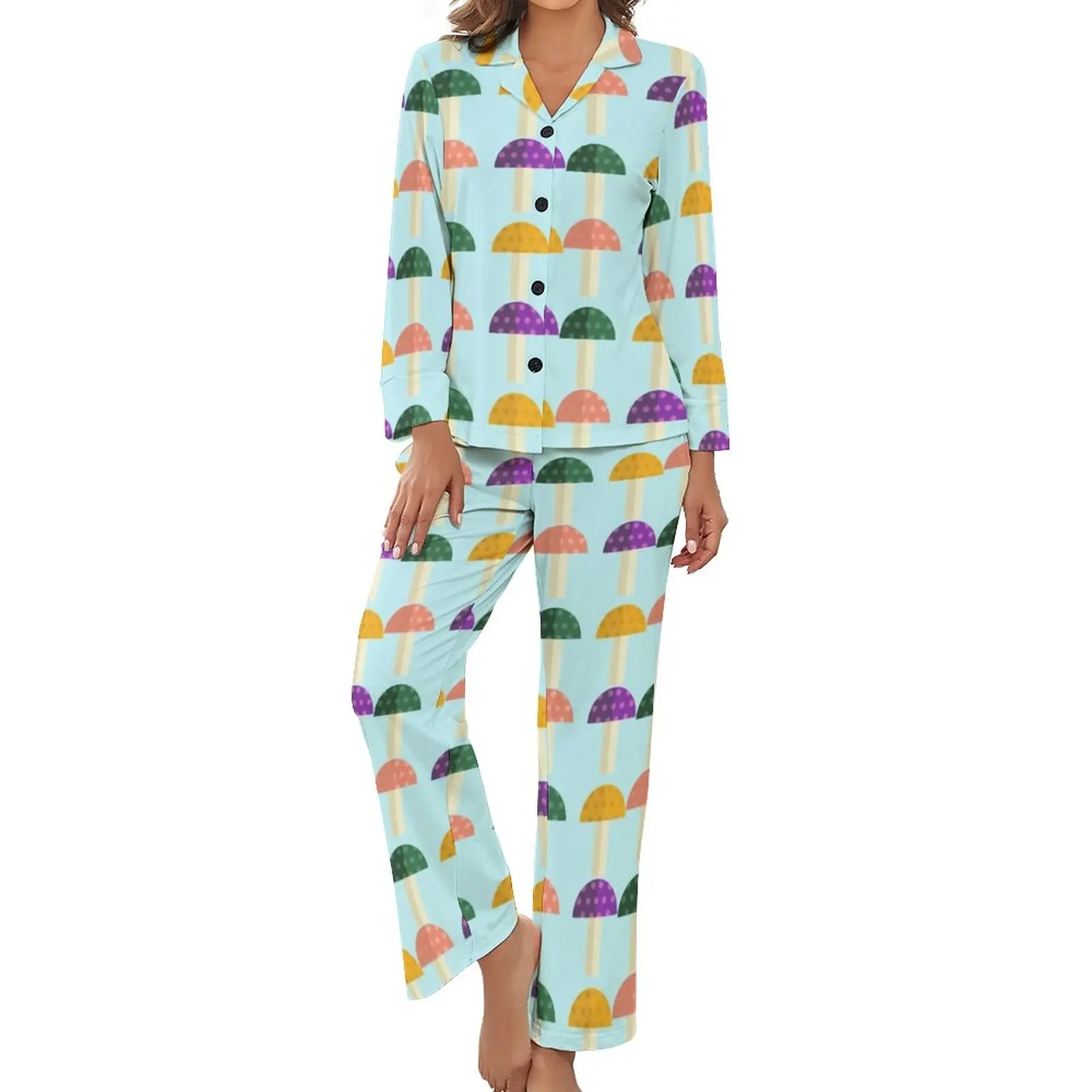 

Mushroom Flat Pajamas Spring 2 Pieces Cute Mushrooms Soft Pajama Sets Women Long-Sleeve V Neck Casual Custom Nightwear